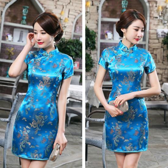 Women Chinese Dragon Phoenix Embroidery High Neck Short Sleeve Split Mini Dress