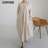 Spring and Summer Women's Dress Loose Large Size Cotton Round Neck Pullover Solid Color Long Dress Swing Dress