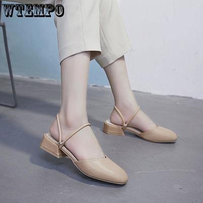 Сандалии с квадратным носком, туфли на толстом каблуке, сандалии на среднем каблуке, женская обувь на высоком каблуке в стиле ретро, ​​кожаная обувь на толстом каблуке, рабочая обувь