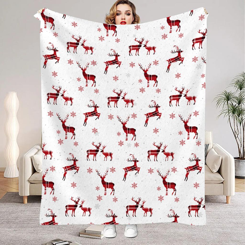 2026 Уютный красный флисовый плед с рождественским узором с оленями - Праздничный праздничный плед для теплого декора
