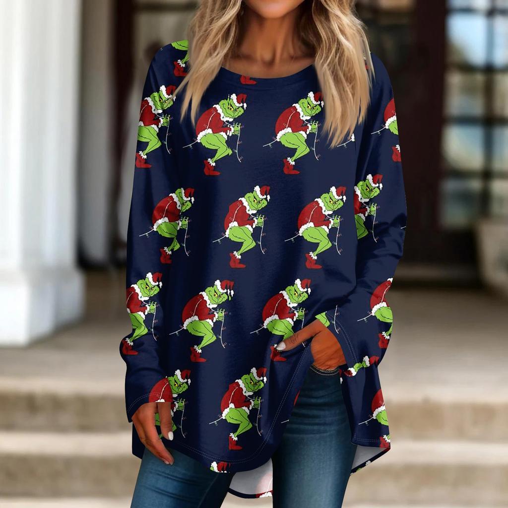 Женская рождественская принтовая рубашка с длинным рукавом, круглый вырез, пуловер, футболка, топ, пуловер