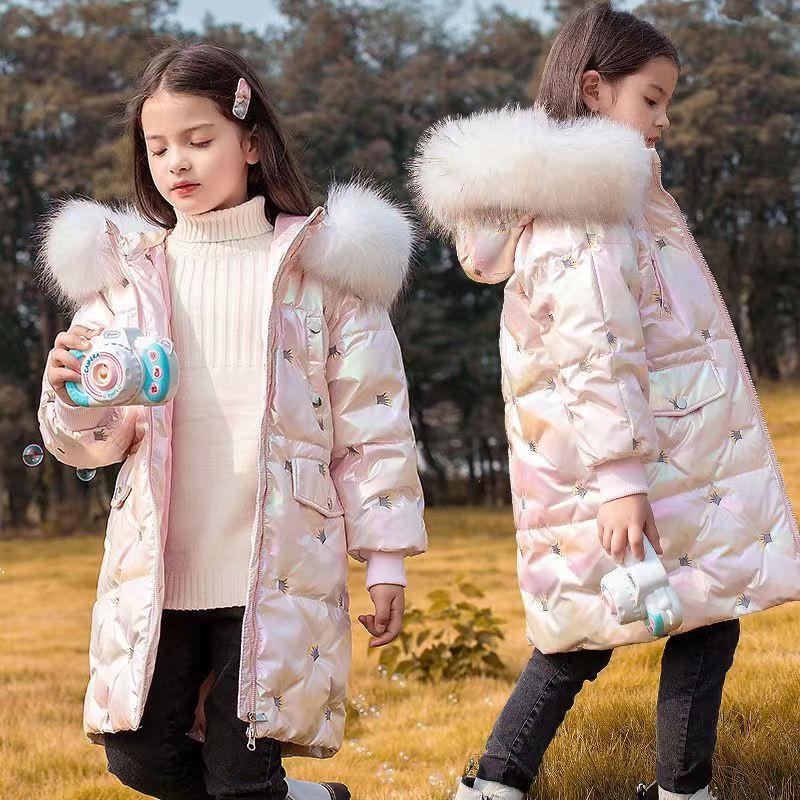 Одежда для девочек из хлопка средней длины Зимняя одежда для детей среднего и большого размера Блестящие пальто, не требующие стирки