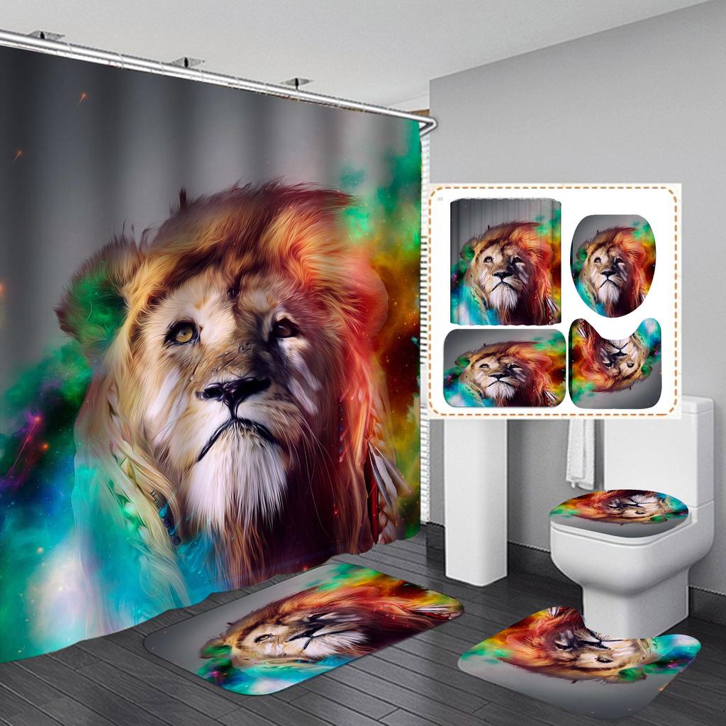 4 шт. наборы занавесок для душа серии Lion для ванной комнаты, нескользящие коврики для ванной комнаты, крышка для унитаза, коврик для ванной