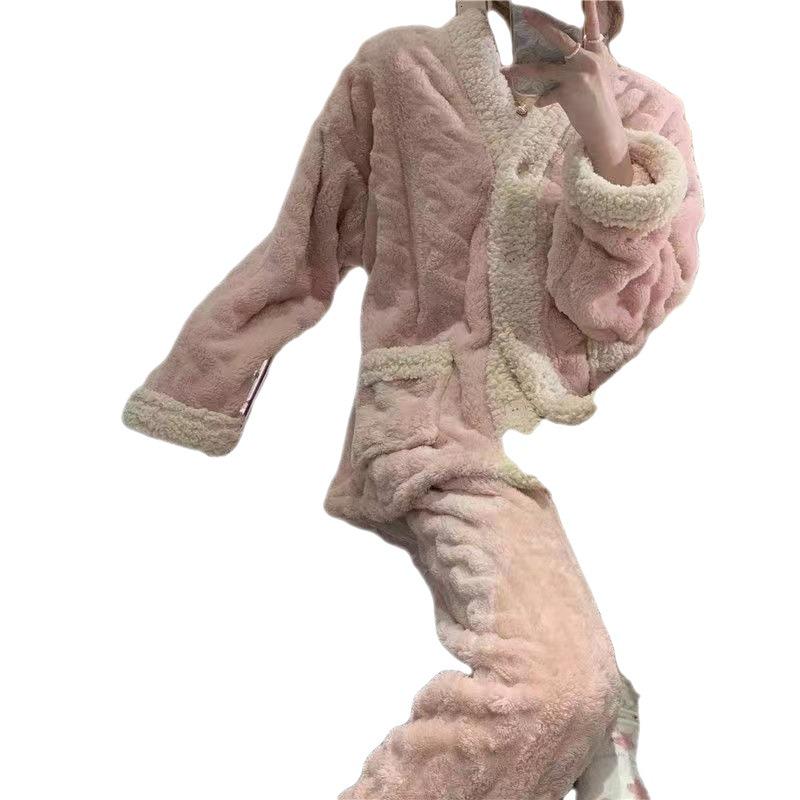 Women's Coral Fleece Pajama Set - Autumn/Winter Flannel Cardigan Style