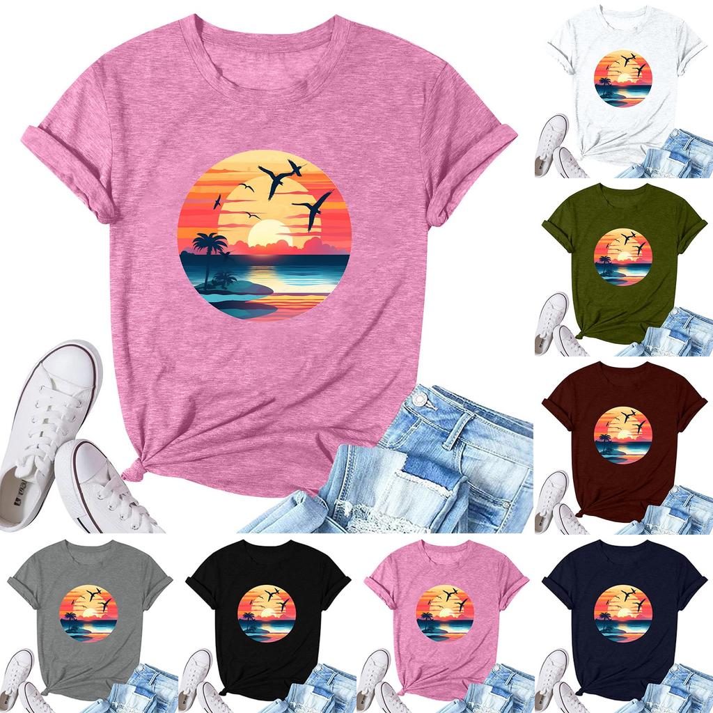 Women's Fashion Printed Casual Pleated Round Short Sleeve T-Shirt Top