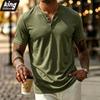 Мужская повседневная футболка-henley - Короткий рукав, вырез с пуговицами, облегающий крой, однотонная, бежевая, фактурный хлопок, ежедневная летняя базовая футболка