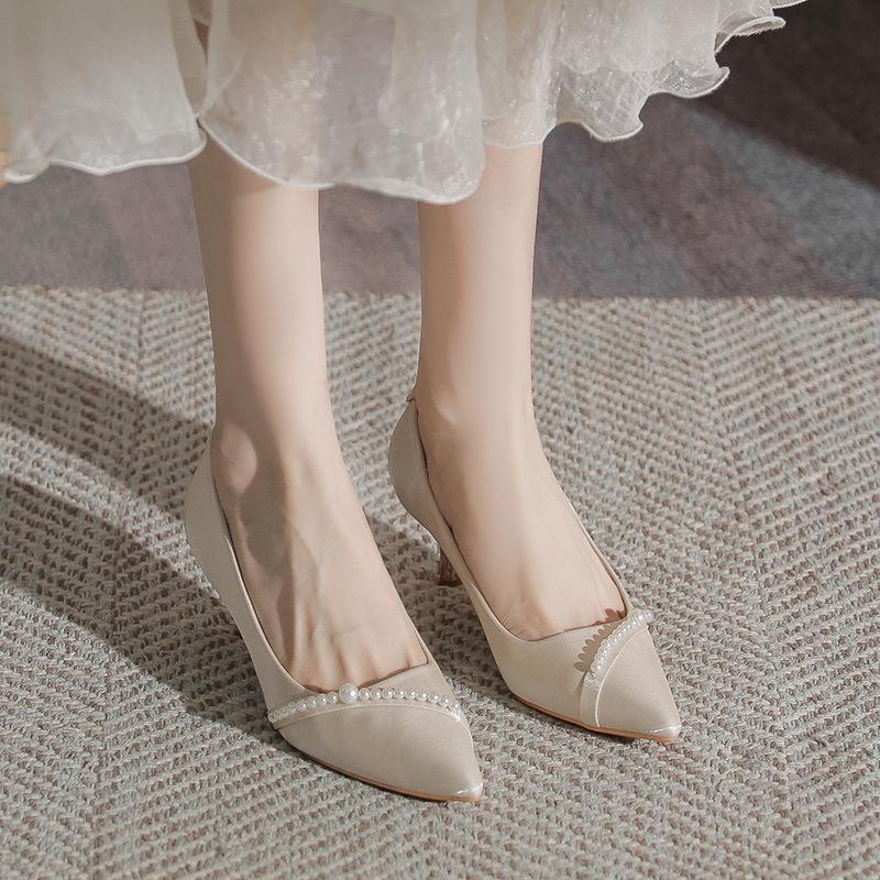 Французские туфли на высоком каблуке для бар-мицвы, новая ниша, универсальные туфли для подружки невесты, жемчужный тонкий каблук, для невесты со свадебными туфлями
