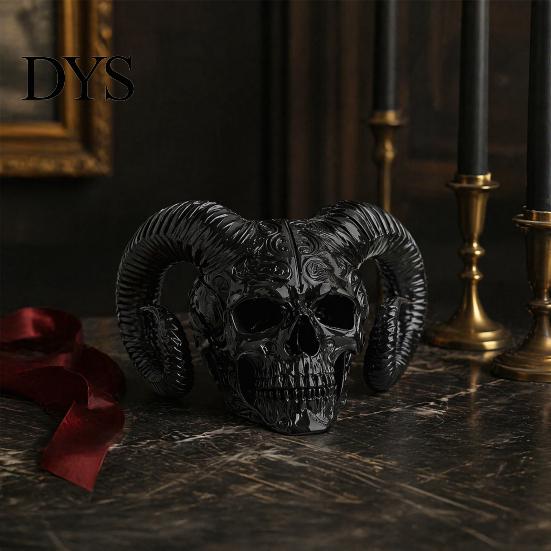 Современная готическая атмосфера Предметы 3D-печатный череп с козлиными рогами Украшение, Рогатый баран Дьявол Модные статуэтки для книжной полки Череп, Хэллоуин Темный настольный декор
