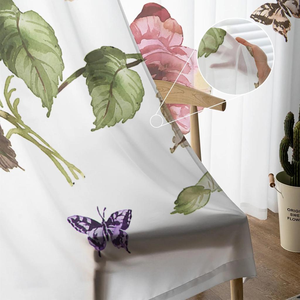 Vintage Flower Floral Sheer Curtain for Bedroom Tulle Voile Curtain for Kitchen Living Room Decor Window Treatment