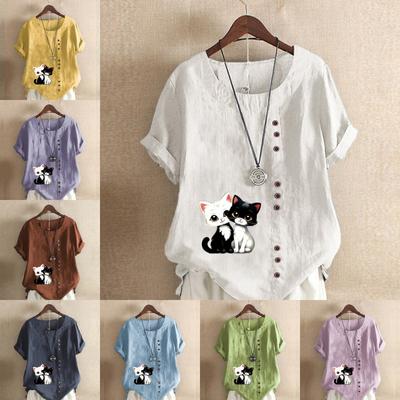 Женская мода Черная кошка Белая кошка Принтованная футболка с коротким рукавом Свободная хлопковая рубашка Повседневная свободная летняя блузка Топы размера плюс