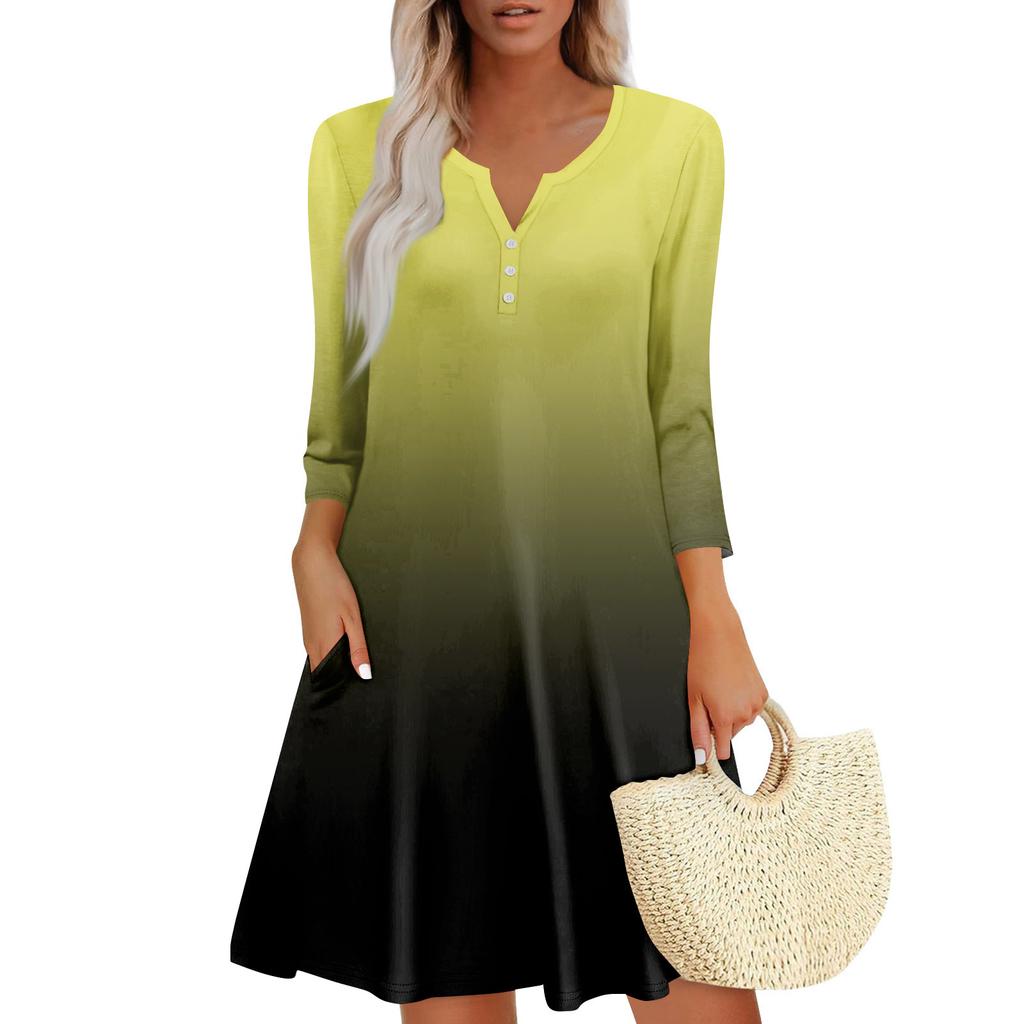 Women's Summer Casual V-neck Gradient Printed Button Up Dress with Pockets