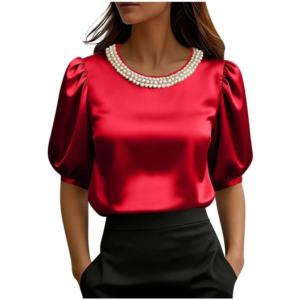 French Style Satin Silk T-Shirt Loose Short Sleeve Top Business Casual Women's Tops  Ladies