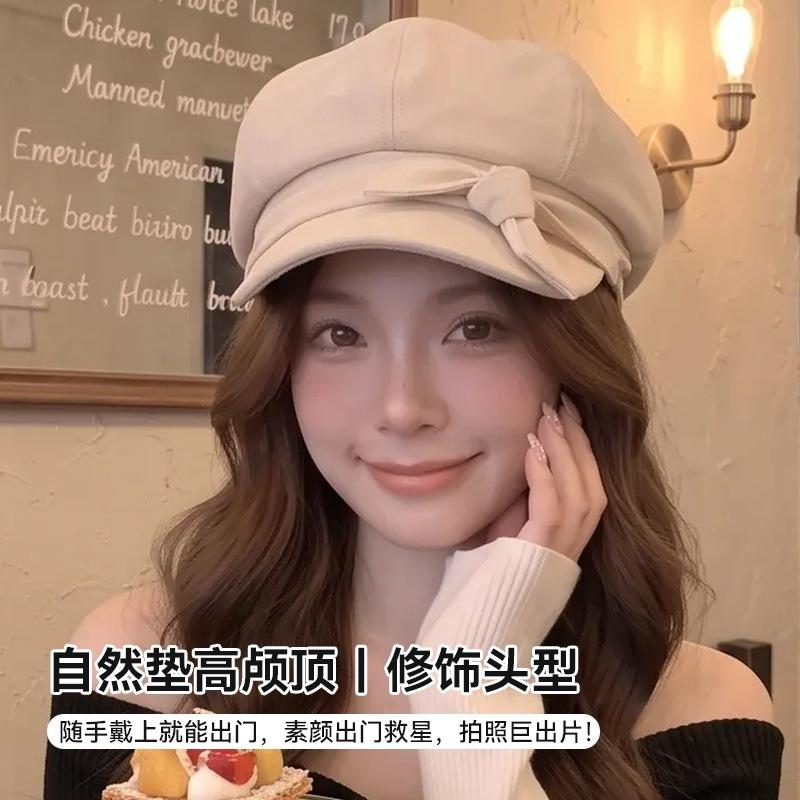 Solid color bow, suede, octagonal hat, women's autumn and winter versatile casual face painter newsboy hat
