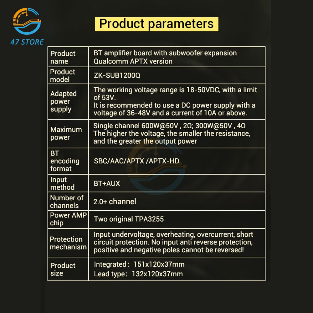 Плата Bluetooth-усилителя высокой мощности DC 18-50V ZK-SUB1200Q TPA3255x2 600Втx2 с сабвуфером для домашнего аудио Автомобильной звуковой системы