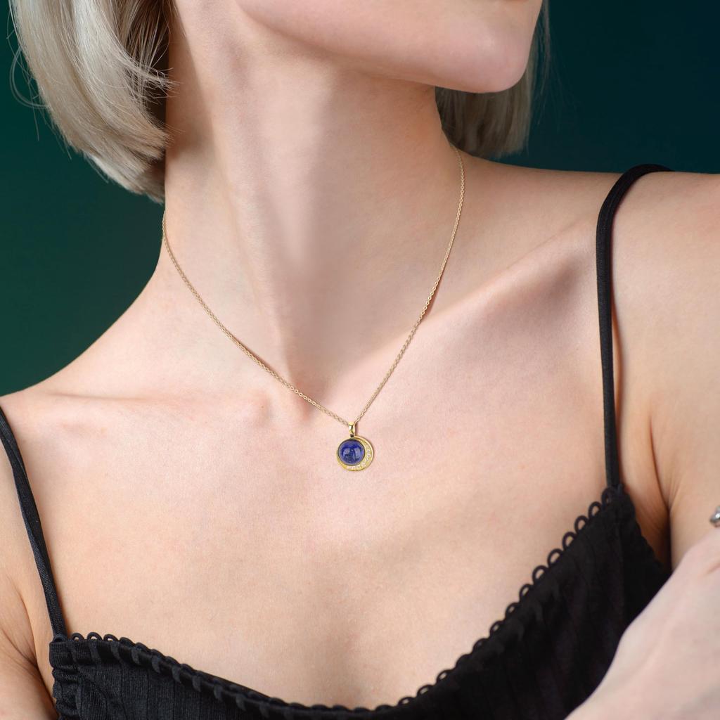 [KOAI] Lapis Lazuli Кулон-Луна, камень декабря, 14K Золото, Цепочка из Серебра 925, Женский