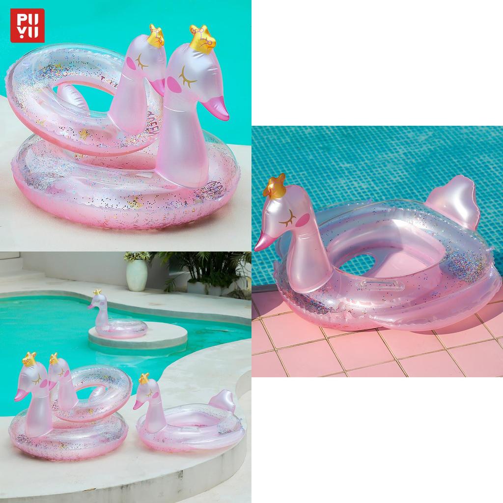 Shiny Pink Swan Inflatable Crown Swim Ring Cartoon Design For Adults Swimming Activities