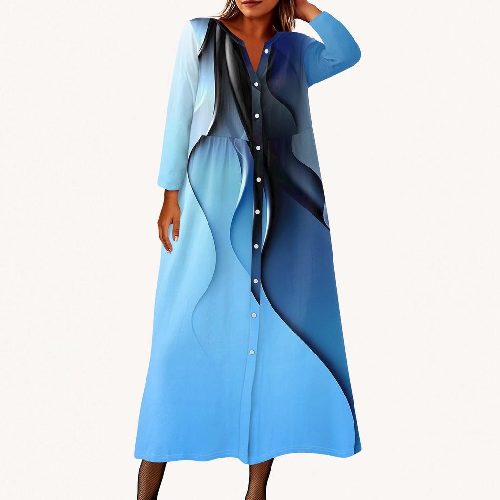 Женское модное платье-рубашка свободного кроя с принтом, круглым вырезом и рукавами семь четвертей на пуговицах