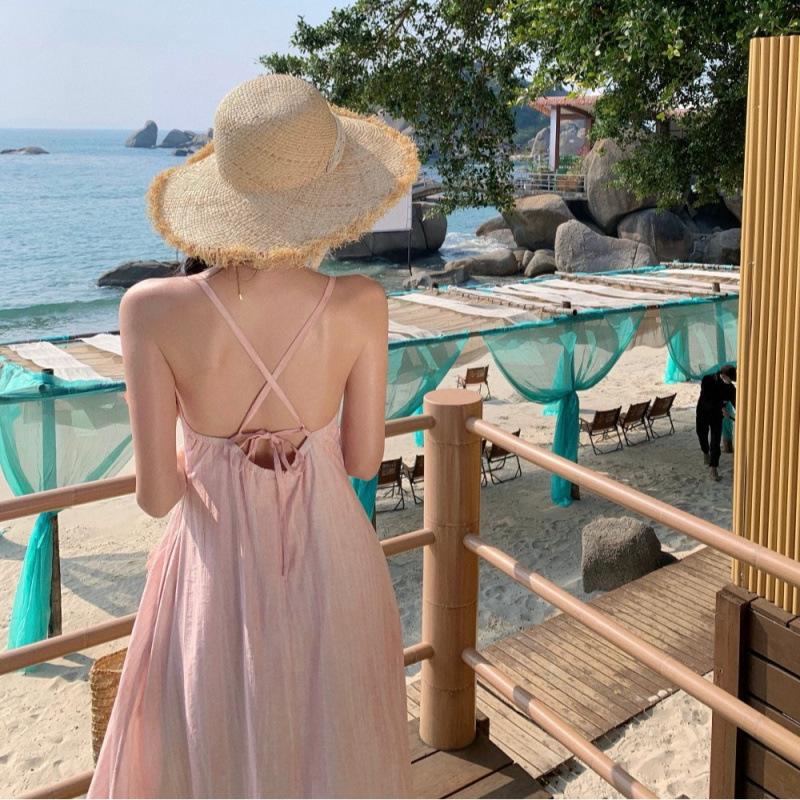 1011 pink flower holiday style neck dress, gentle and sweet fairy high-end beach dress