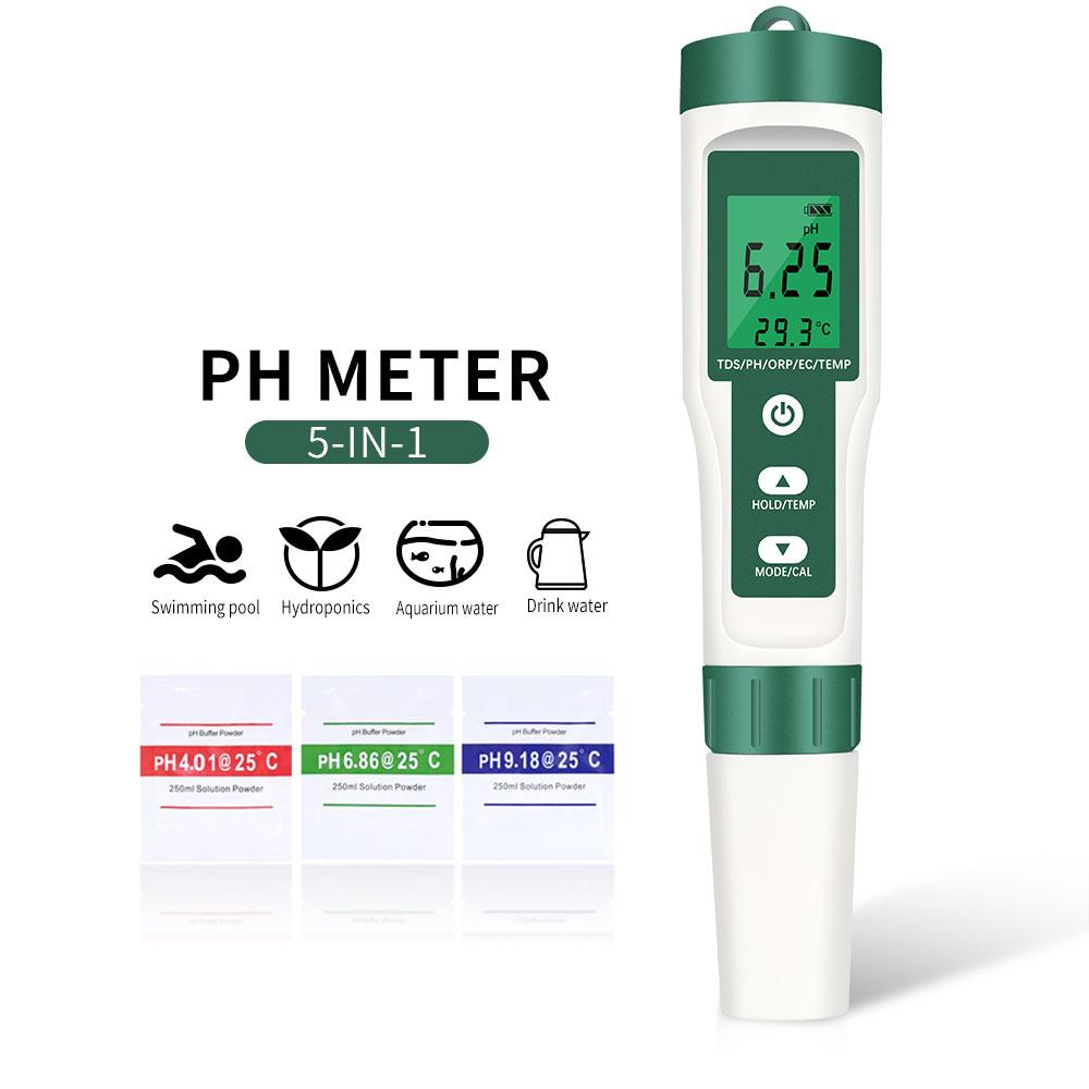 5 In 1 Digital Water Quality Tester TDS EC ORP Temperature PH Meter Portable PH Test Pen for Pools Drinking Water Aquariums