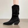 Женские ботинки Роскошные замшевые кожаные повседневные ботинки Модные ботинки до середины икры с острым носком Толстый каблук Ковбойские ботинки в западном стиле Botas Mujer