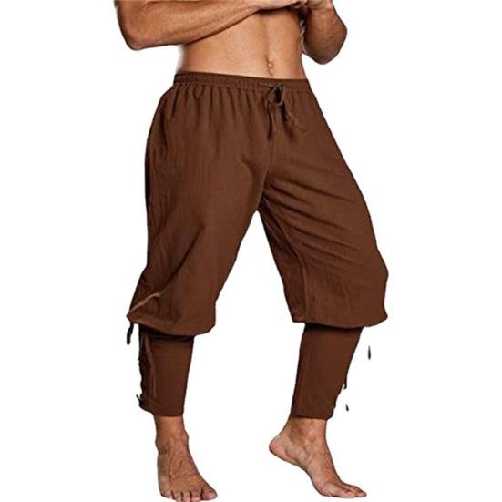Men Pants Medieval Vikings Pirate Ankle-banded Strap Elastic Loose Waist Pleated Lace-up Solid Color Cropped Trousers Cosplay Performance Costume