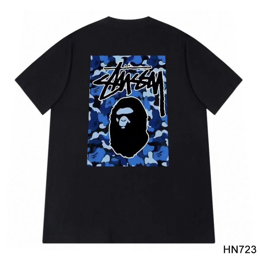 Stussy 2025 Летняя новая высококачественная хлопковая футболка с круглым вырезом для мужчин и женщин Классическая футболка с принтом буквы X BAPE для пар