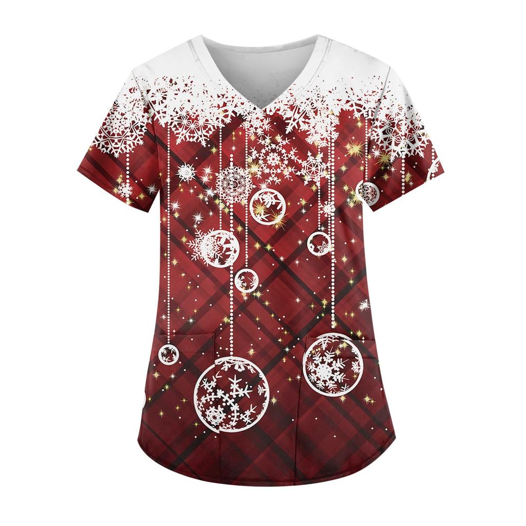 Women's Fashion V-Neck Short Sleeve Workwear With Pocket Christmas Printed Top