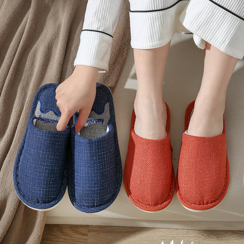 Осенние и зимние тапочки, мужские домашние тапочки из хлопка и льна, впитывающие запахи и пот, женские тапочки из нескользящей ткани