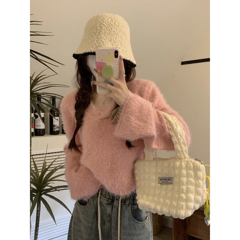 Women's White Faux Mink Fur Knit Sweater - Short, Lazy Style, French Collar for Autumn/Winter 2025