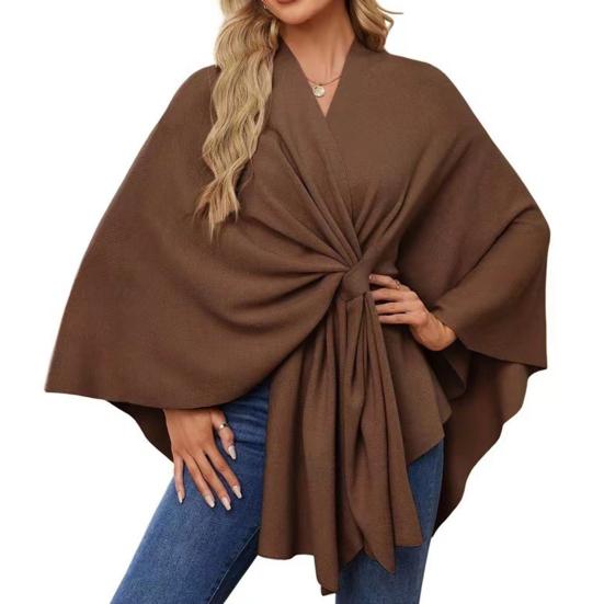 Women Shawl Coat V Neck Fall Winter Oversized Poncho Keep Warm Pure Color Windproof Open Front Shoulder Wraps with Bat Sleeves