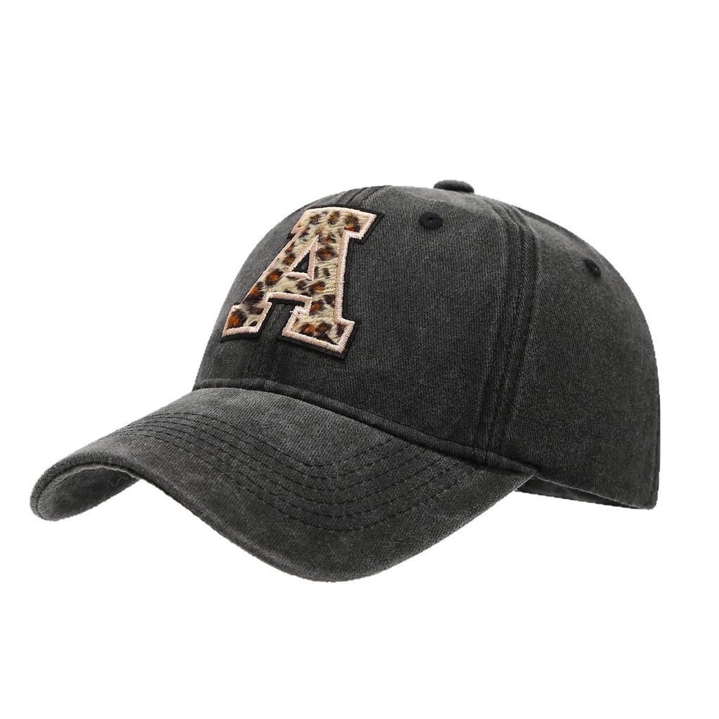 Black Baseball Cap, 26 English Letters Leopard Print Duckbill Hat, Women's Retro Fashion Sports Sun Hat, Trendy Cap