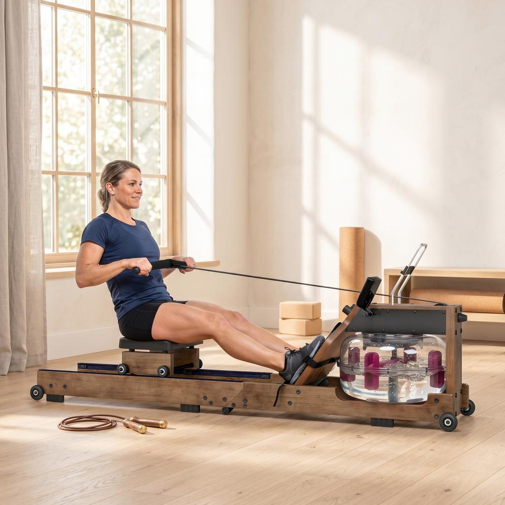 Water Rower For Home Rubber Wood Foldable With Bluetooth App Double Aluminum Rails LCD Display Up To 158 Kg