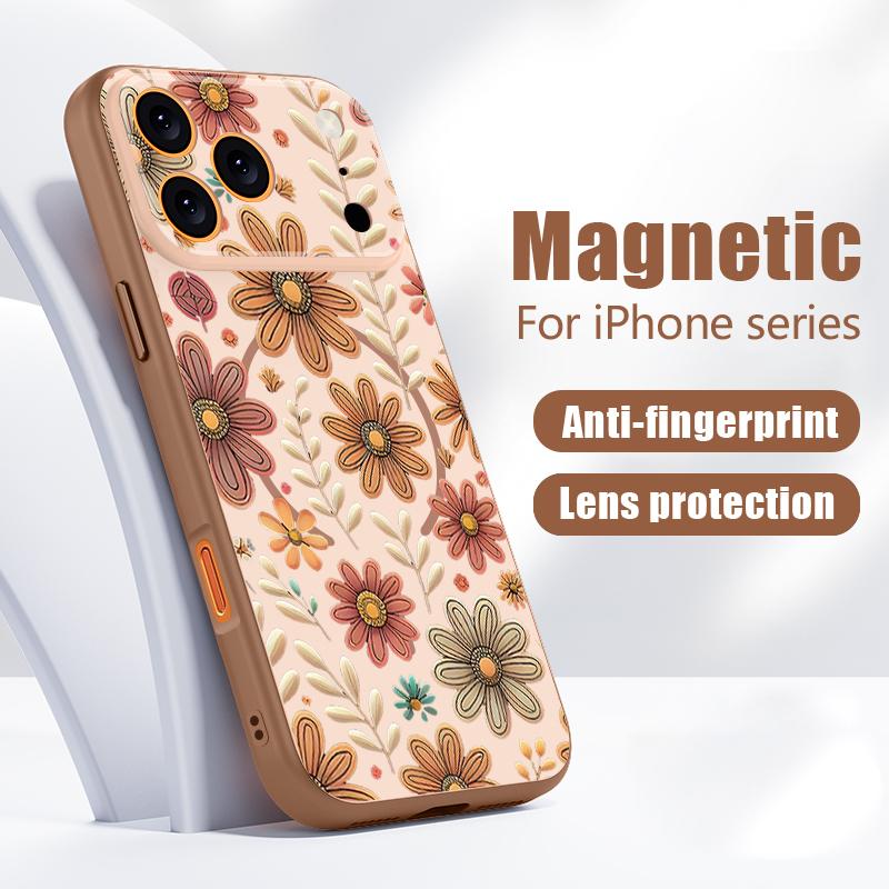 Цветной тисненый цветочный чехол для iPhone 17 Pro Max Funda iPhone 16 15 14 13 Pro Max Магнитный для Magsafe Гибридный Тонкий Матовый Чехол