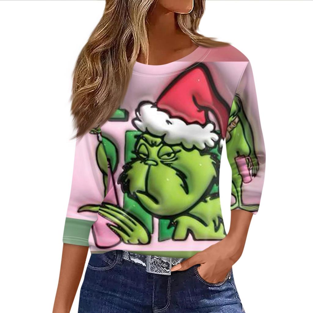 Women's Fashionable Casual Three Quarter Sleeve Christmas Printed Round Neck Top
