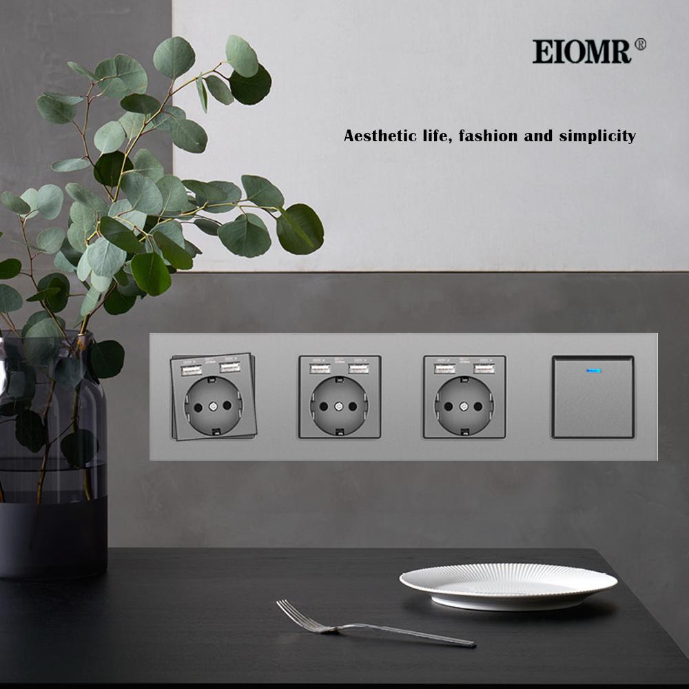 EIOMR A6 Series Grey Flame Retardant PC Panel Wall Switch EU Socket HDMI-compatible USB Type-C 2.1A Charger TV RJ45 Module DIY