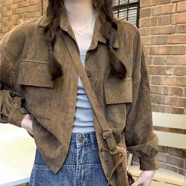 Рубашка в стиле ретро, ​​вельветовое пальто, корейский темпераментный дизайн, кардиган с лацканами, верхняя мода