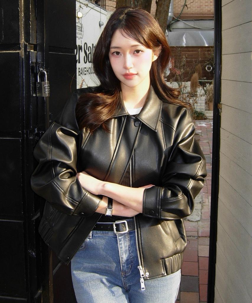 Mind Bridge Women [W] Black Leather Blouson Oversized Jumper