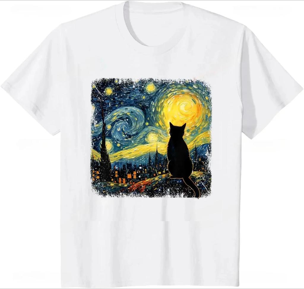 Cat Starry Night Van Gogh Cat For Cat Lover Tshirt Casual Fashion Streetwear Loose Summer Style Unisex Tshirt Cute Aesthetics