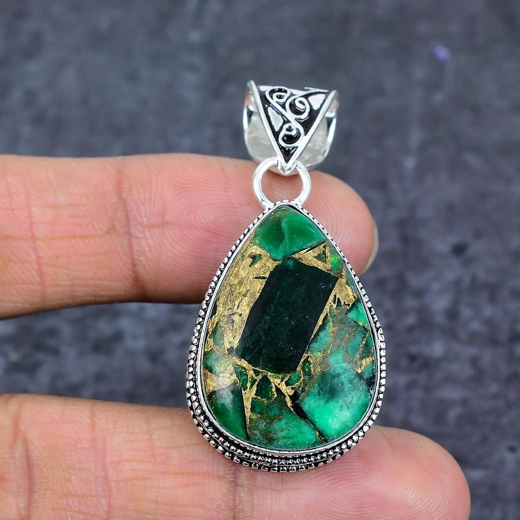 Натуральный медно-малахитовый драгоценный камень 925 пробы стерлингового серебра кулон-украшение 1,97" ET-4783