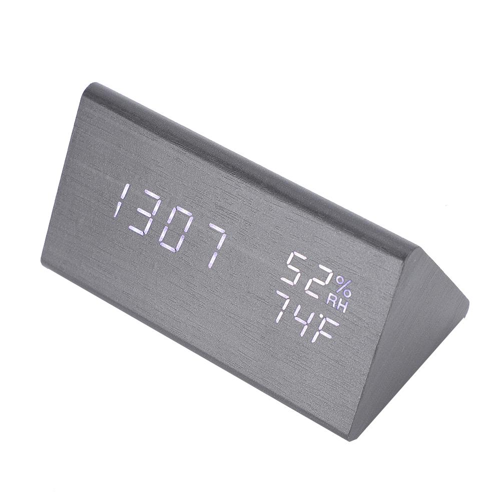 Digital LED Wood Desk Clock Voice Control Triangular Temp Humidity Alarm White Light