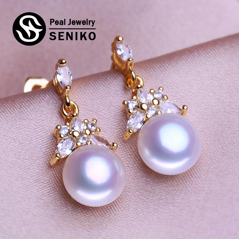 seniko Natural Freshwater Pearl Earrings Geometry Design Fashion Cubic Zirconia Leaf Earrings For Women Girl Gift