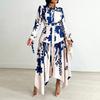 Spring Fashion Print Irregular A-line Dress Women Elegant OL Lapel Button Long Sleeve Belt A-line Dress Female New Vestdios