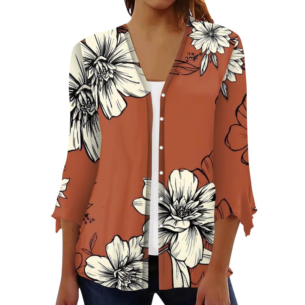 Кардиган с открытым передом и рукавами 3/4 для женщин, кардиган на пуговицах в стиле ретро с цветочным принтом для платья, женские топы с v-образным вырезом, накидка