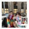 Women Scarf Rainbow Color Striped Scarf with Plush Balls Tassel Winter Thickened Warm Couple Scarf
