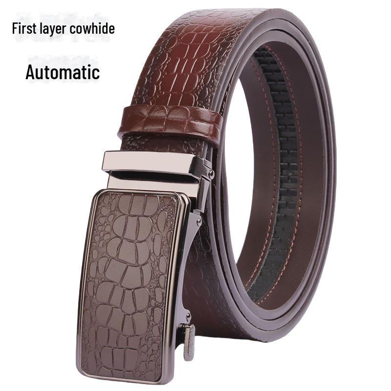 Men's Crocodile Pattern Leather Automatic Belt - Top Grain Cowhide, High-End Design, Genuine Craftsmanship.