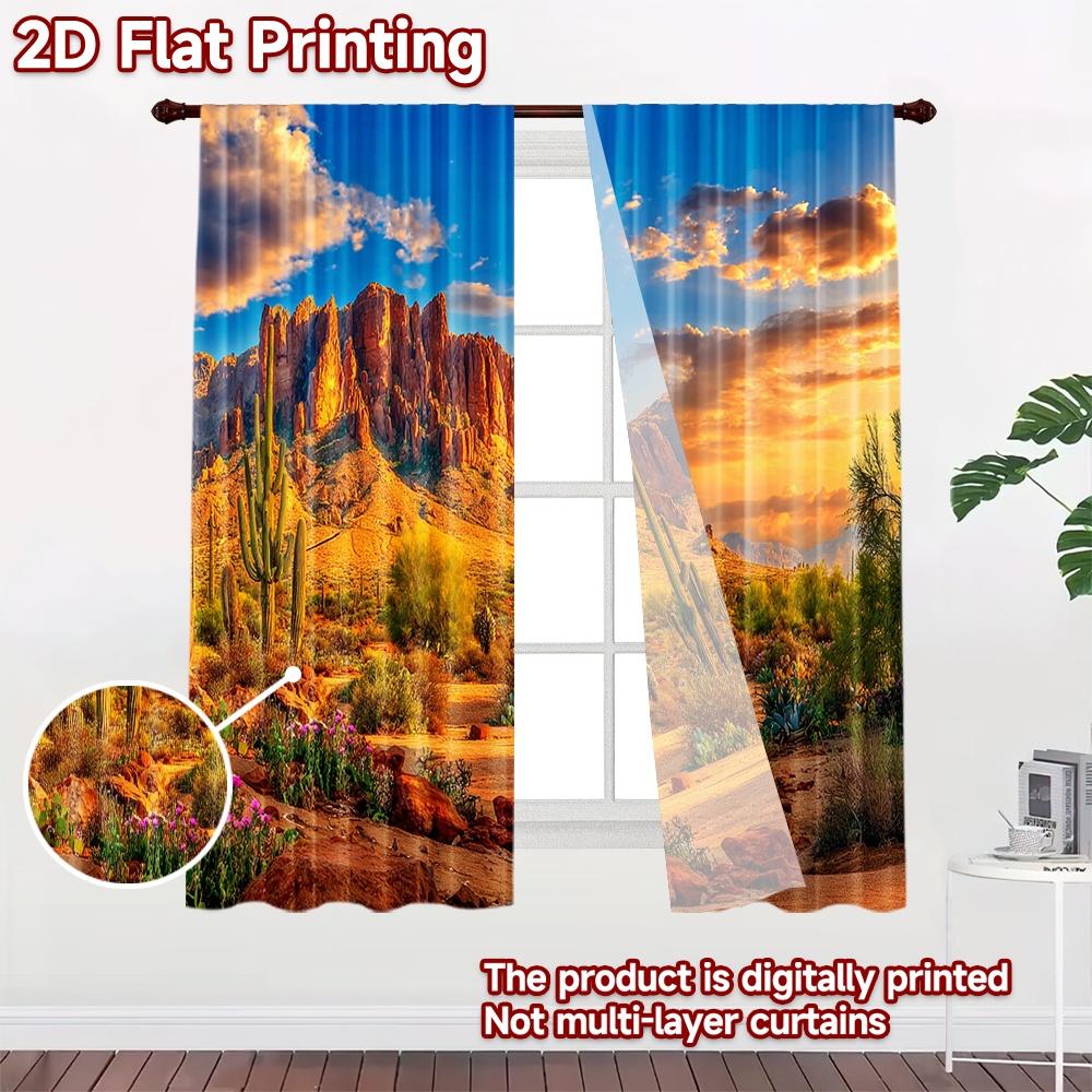 2D flat printing 2pcs Window Curtains Desert Mountain Landscape Saguaro Cacti Digital Printed Polyester Drapes Party Decorations
