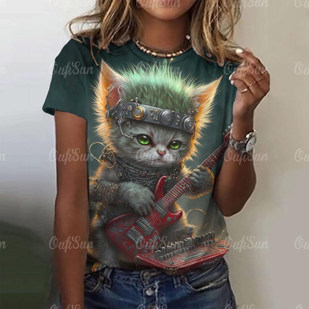 Summer Women's T-Shirt Rock Cat Printed Short Sleeve Female T-Shirt Hip Hop Fashion Couple Loose Street Style Y2k Tops Clothing