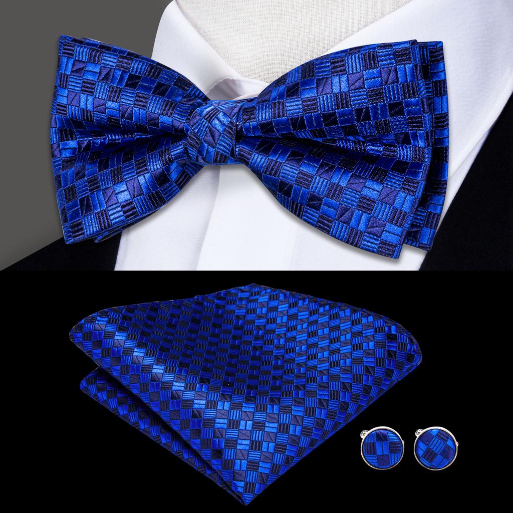 Hi-Tie Серый Клетчатый Жаккардовый Шелковый Готовый Мужской Галстук-Бабочка Набор Платка и Запонок Бабочка Галстук-Бабочка для Мужчины Свадьба Деловая Вечеринка