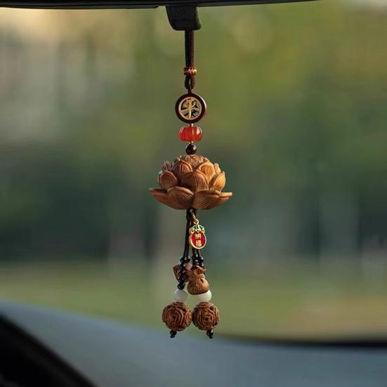 Wooden Pendant Car Ornament with Lanyard Easy To Hang Retro Engraved Lotus Car Pendant Rearview Mirror Decoration