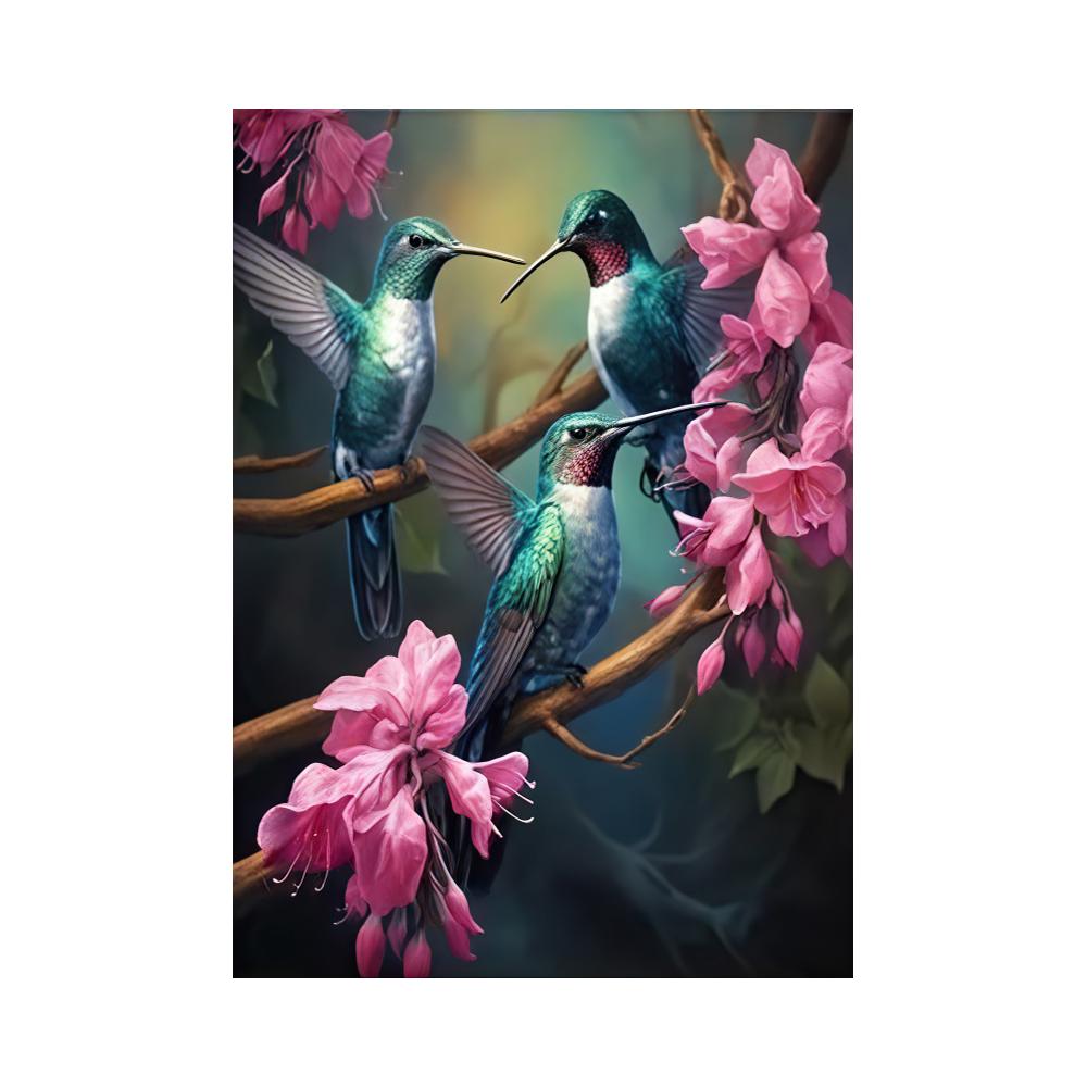 Modern Glam Frameless Hummingbird Bird Animal Print Wall Hanging Decor Pink Flowers for Living Room, Wall Decor, No Frame